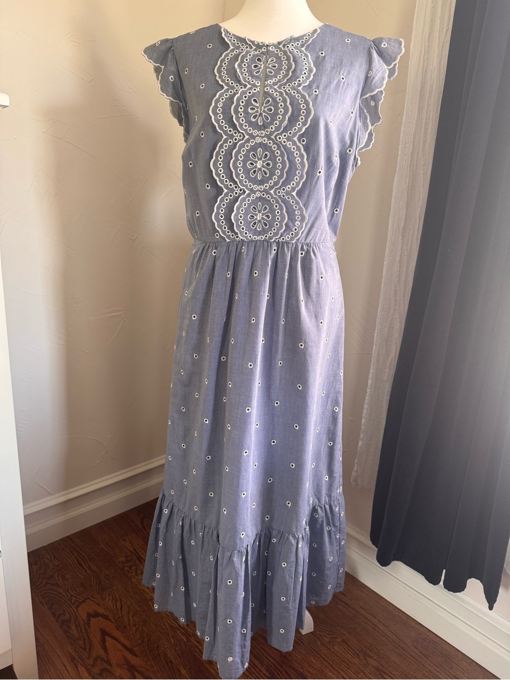 Boden Chambray Blue Eyelet Maxi Dress with Scalloped Sleeves